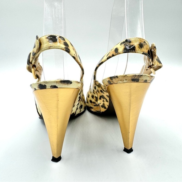 STUART WEITZMAN GOLD ANIMAL PRINTS SLING BACK HEELS OPEN TOE SHOE PATENT LEATHER - Picture 6 of 15